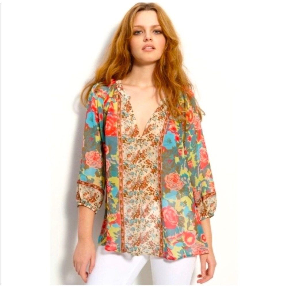Joie Gloria Mixed Floral Print 100% Silk Blouse V-Neck 3/4 Sleeve XS Cottagecore
